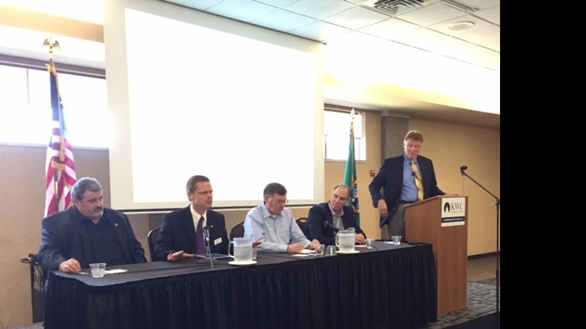 
Panelists discuss the benefits of a coal terminal proposed for Cherry Point on Monday, June 22, in Bellingham. From left are Seattle-based union leader Lee Newgent, Washington State Farm Bureau CEO John Stuhlmiller, Bellingham-based union leader Mark Lowry, Western Washington University economics professor Hart Hodges, and Whatcom Business Alliance President Tony Larson.
