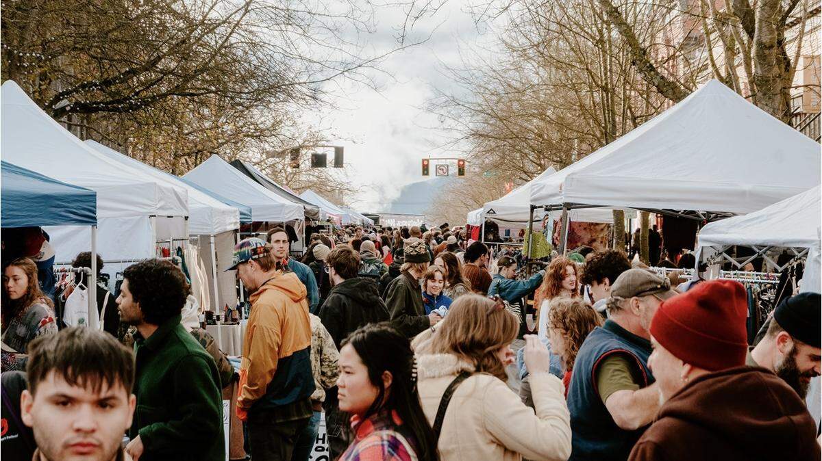 People wander through Wonderz Market on Commercial Street in downtown Bellingham in 2025.