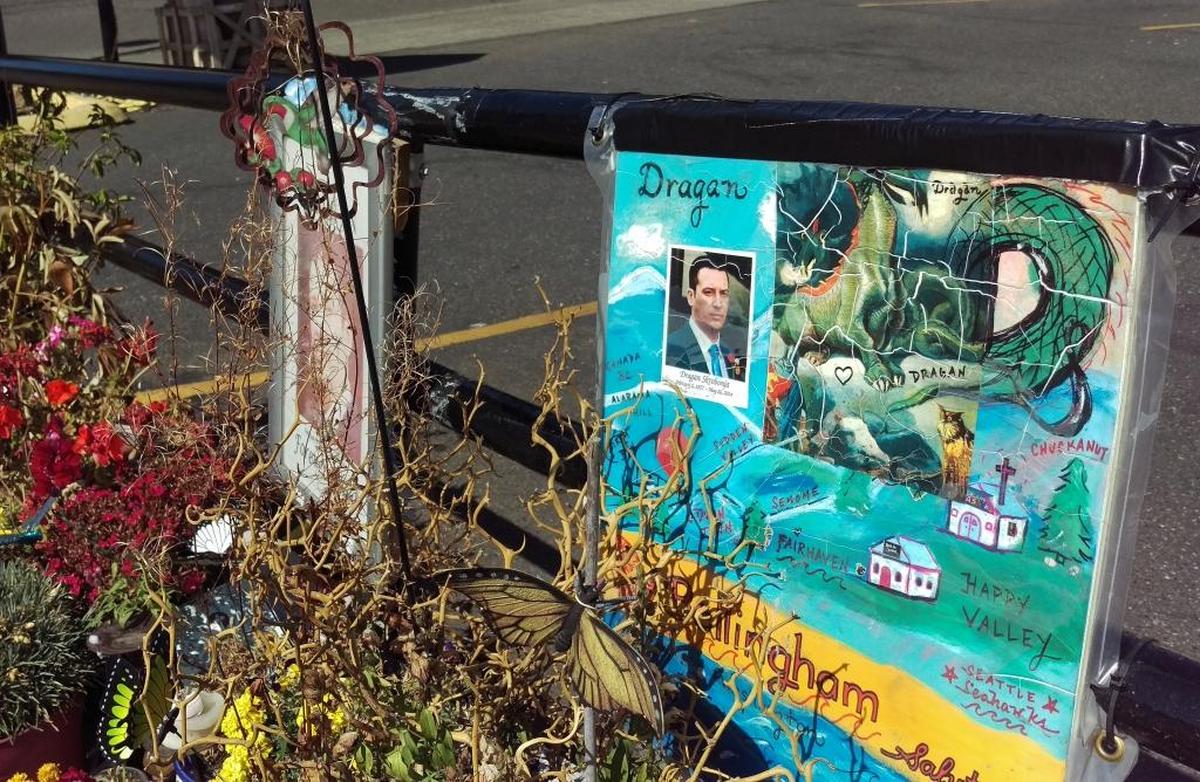The memorial for Dragan Skrobonja at East Chestnut and North State streets, in front of The Color Pot, in downtown Bellingham.