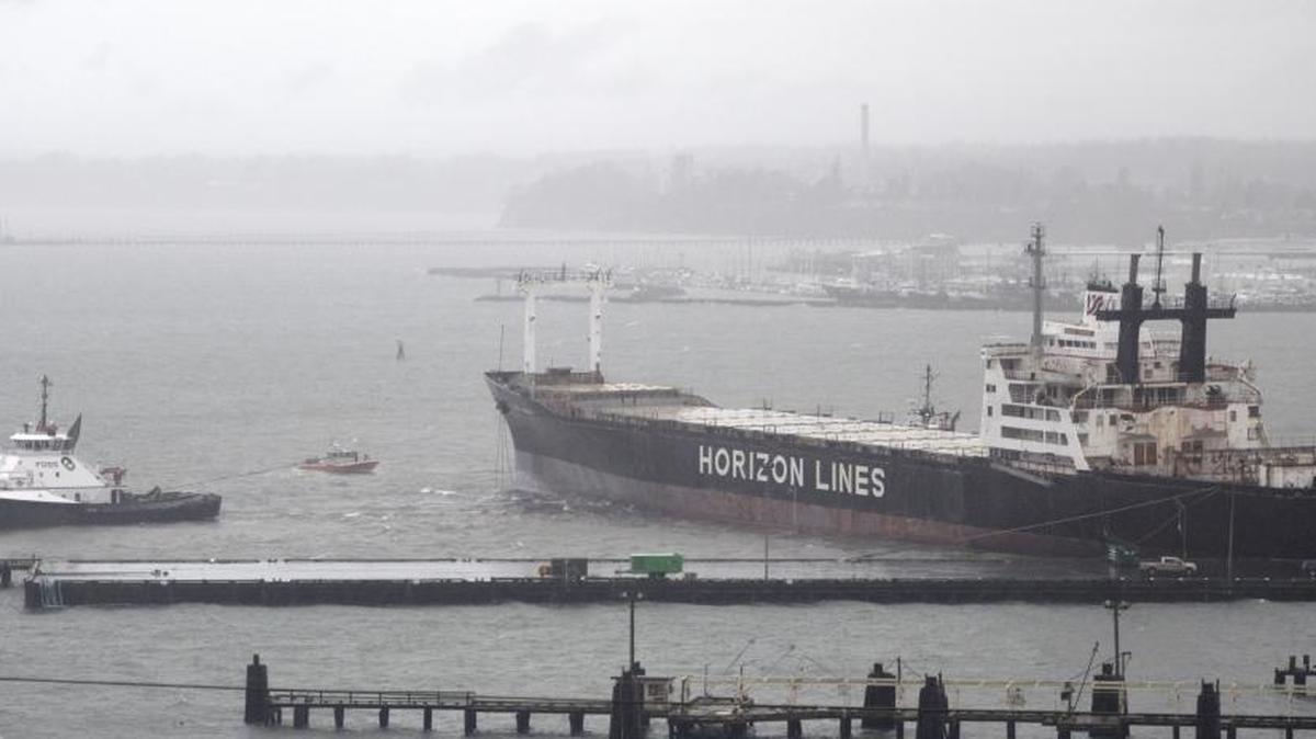 The Horizon Fairbanks, shown here Dec. 8, 2014, when it broke loose during high winds, has moved one berth from its normal spot in the Bellingham Shipyard so contaminated sediment can be removed from Whatcom Waterway. The contamination is not from the ship.