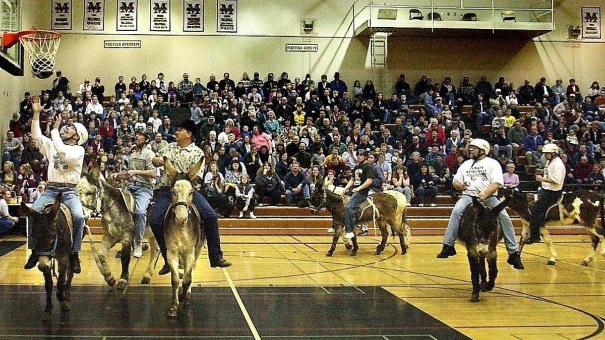 Community members play a game of donkey basketball in the gym of Meridian High School in this March 2001 photo. The event raised money for Meridian FFA. A donkey basketball fundraiser on Saturday, Feb. 13, 2016, at Ferndale High School has raised concern among animal advocates, who say it’s cruel and stressful to the animals.
