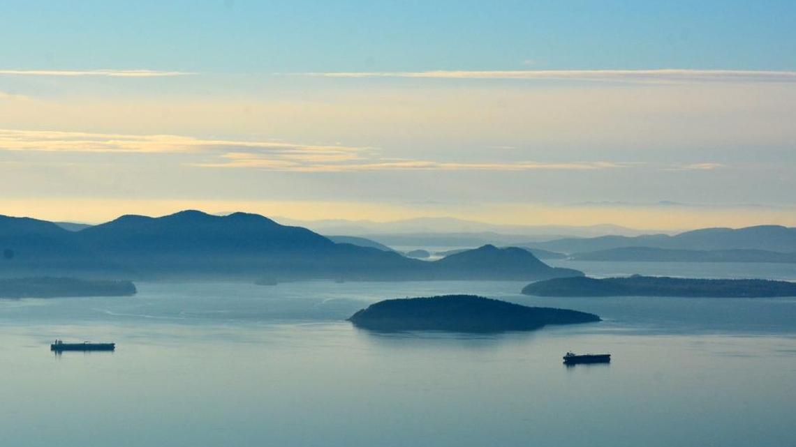 Two ships in Samish Bay near Vendovi Island – the island closest to both vessels – as seen from the Oyster Dome trail lookout. The tanker Mare Siculum, anchored near the island, is likely the cause of a sulfur-like odor that prompted residents on Bellingham’s south side to call 911 Saturday evening, according to the Northwest Clean Air Agency.