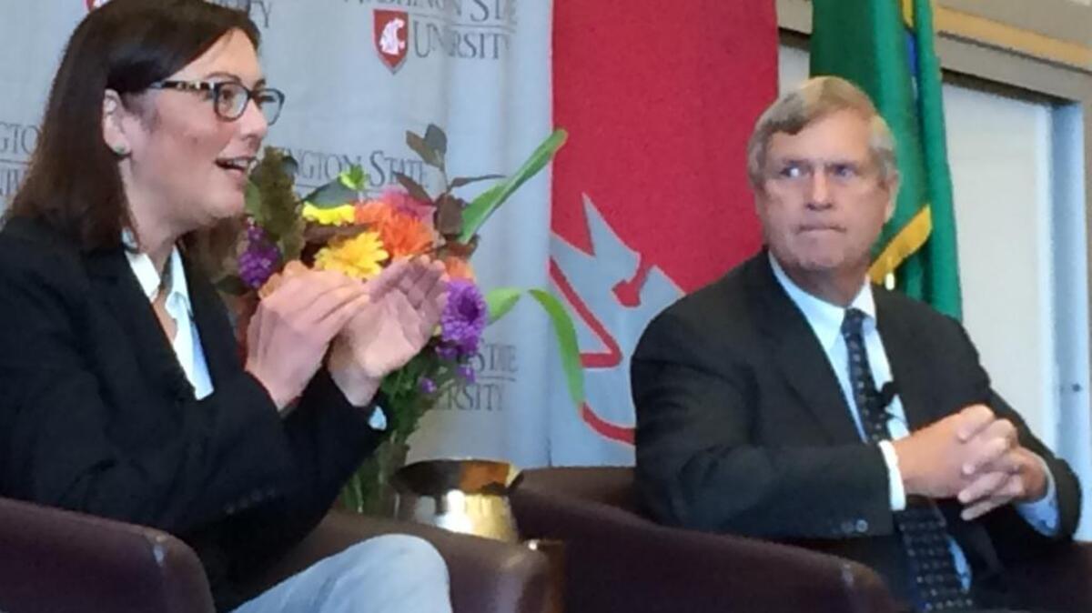 
U.S. Rep. Suzan DelBene, left, answers a question while U.S. Department of Agriculture Secretary Tom Vilsack listens during a forum in Mount Vernon on Tuesday, Oct. 13. Both officials spoke to local farmers about a variety of topics related to agriculture and forestry.
