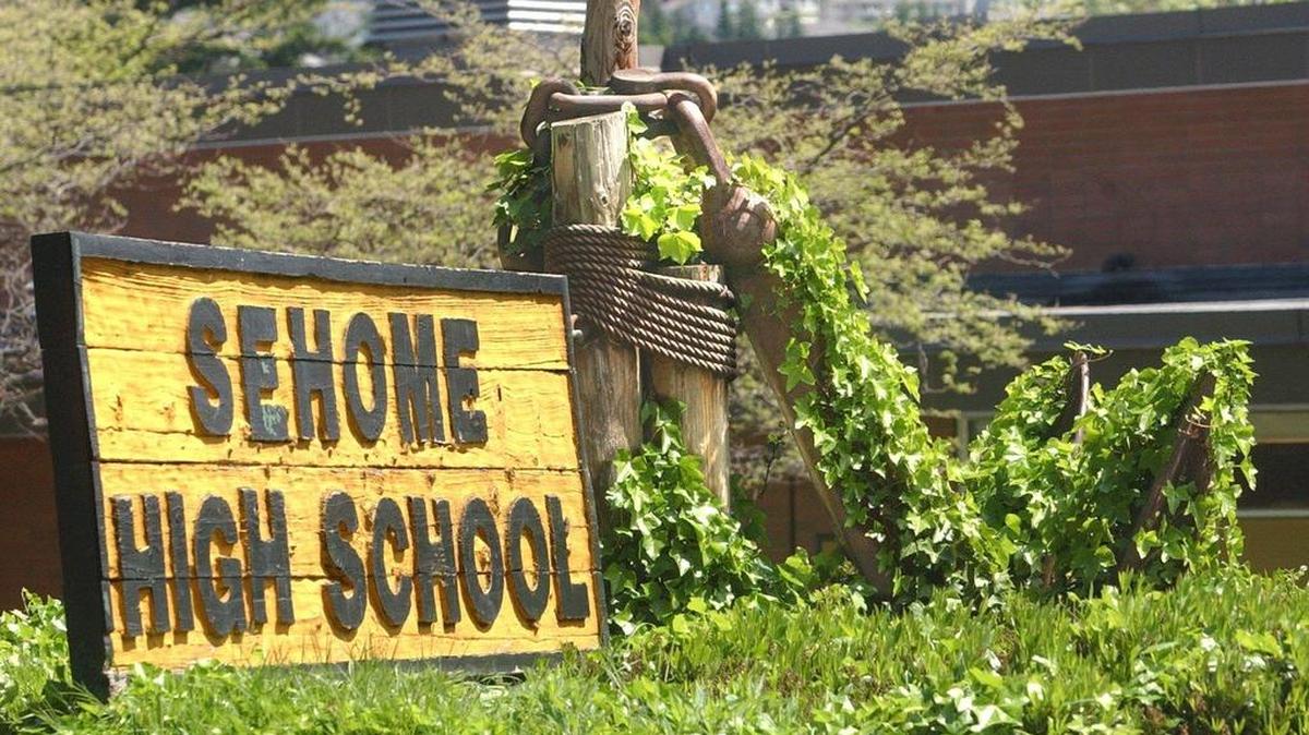 The ivy-covered anchor at the entrance to Sehome High School.
