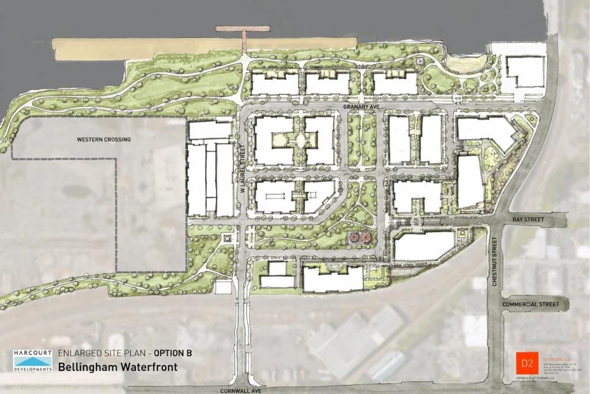 The “Maple Street Connection” conceptual map from Harcourt Developments orients the waterfront development’s central park in a reverse “L” flowing east of Laurel Street with a 90-degree turn to Granary Avenue, which parallels the waterway on the north. The Granary is in the top right of the drawing with Bay Street crossing Chestnut Street to enter the property from the east. The developer says this design features a larger public plaza. It also places the park in the more central part of the waterfront district.