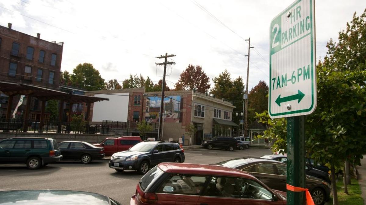 
A newly installed 2-hour parking limit sign sits near Fairhaven Village Green on Wednesday, Sept. 9, in Bellingham, Wash. The limits will be enforced starting Oct. 1.

