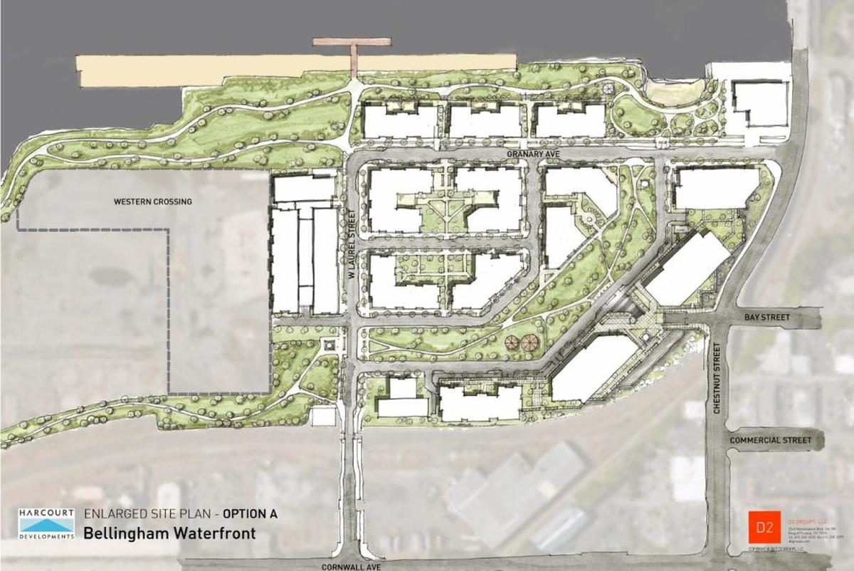 The “Waypoint Connection” conceptual map from Harcourt Developments orients the waterfront development’s central park on a diagonal east of Laurel Street to Granary Avenue, which parallels the waterway on the north. The Granary is in the top right of the drawing with Bay Street crossing Chestnut Street to enter the property from the east. The developer says this design makes the park more central to pedestrian traffic from the Bay Street entrance. This plan also has more flow for pedestrians interested in walking to Cornwall Beach, which is west of the development.