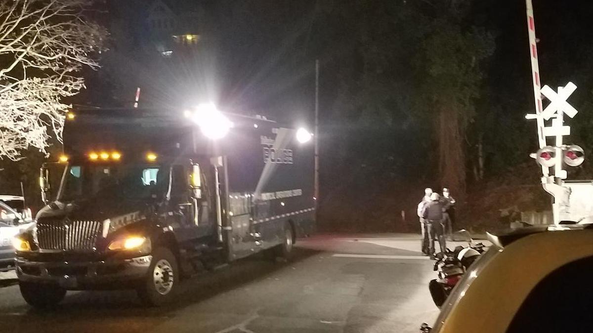 Bellingham Police investigate Monday’s night’s suicide on the railroad tracks at Pine and Wharf streets south of downtown.