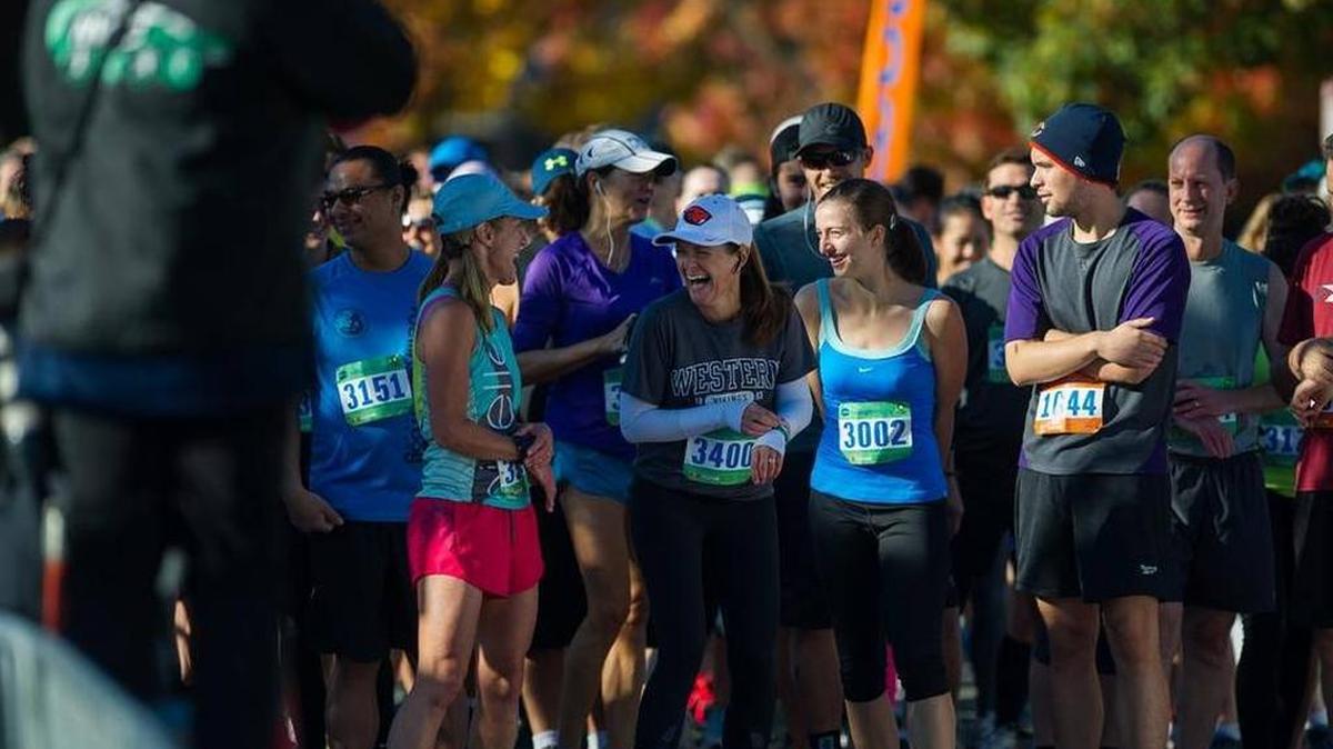 
Participants laugh as they get ready for the the Bellingham Bay Marathon, Half Marathon, 10k and 5k on Sunday, Sept. 27.
