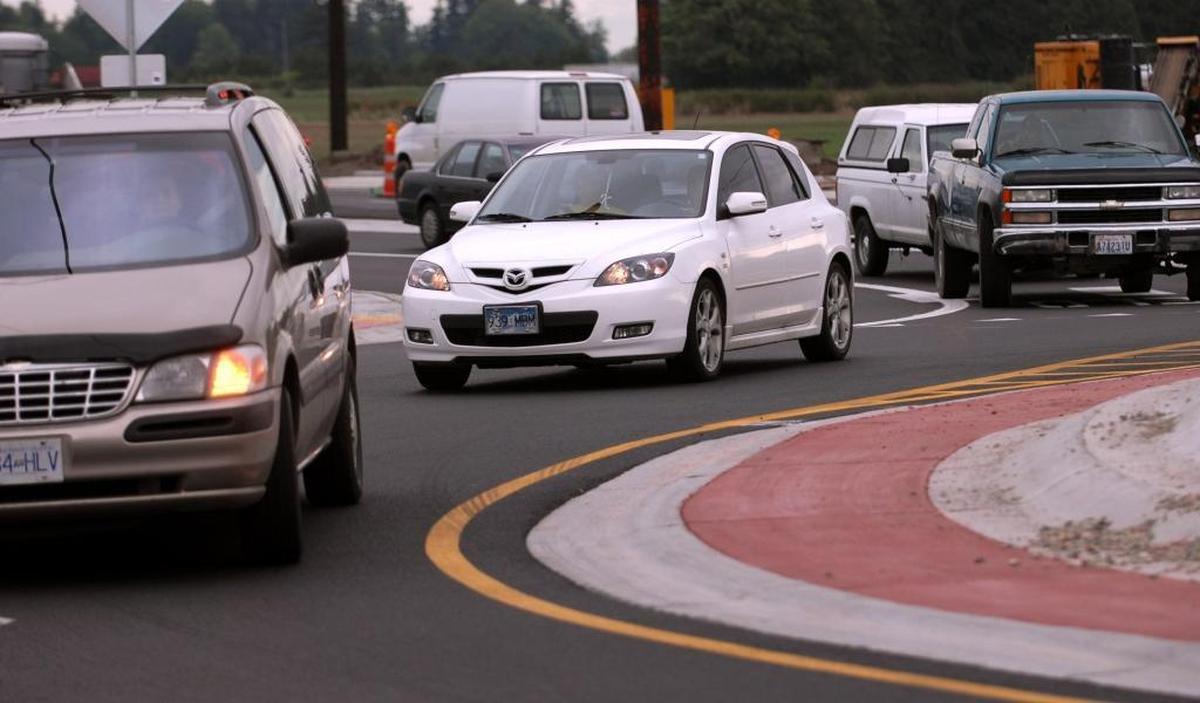 Southbound traffic flows around the roundabout at Guide Meridian and Ten Mile Road in Whatcom County in 2009.