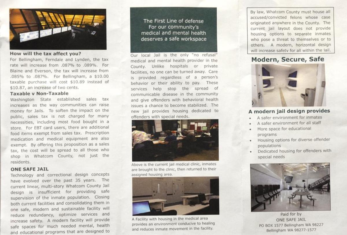 Whatcom County Sheriff Bill Elfo explaining the need for a new jail, as well as information about its costs and details of the tax, in this flyer.