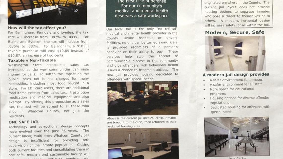 Whatcom County Sheriff Bill Elfo explaining the need for a new jail, as well as information about its costs and details of the tax, in this flyer.