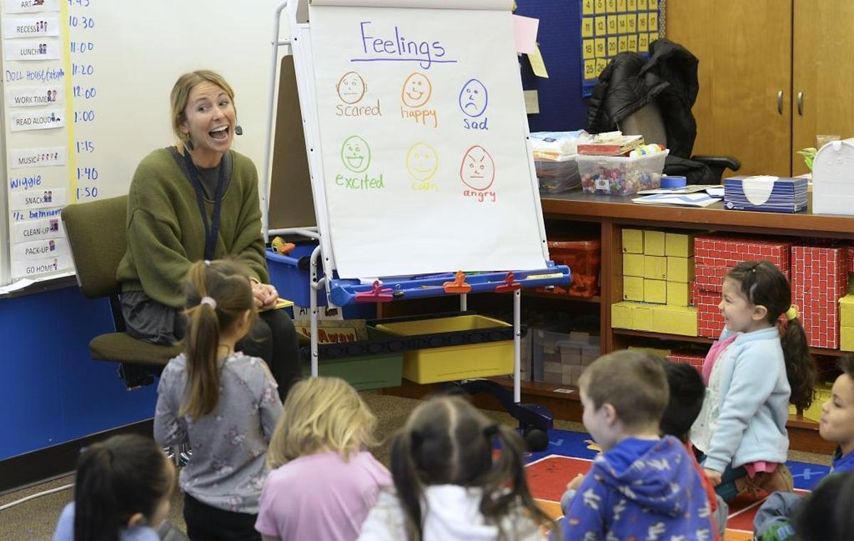 Promise Kindergarten students listen to teacher Meagan Curran talk about feelings at Alderwood Elementary School, Friday, Feb. 2, 2018. The Bellingham School District is asking city voters to approve a $155 million bond which includes replacing the school which was built in 1956.