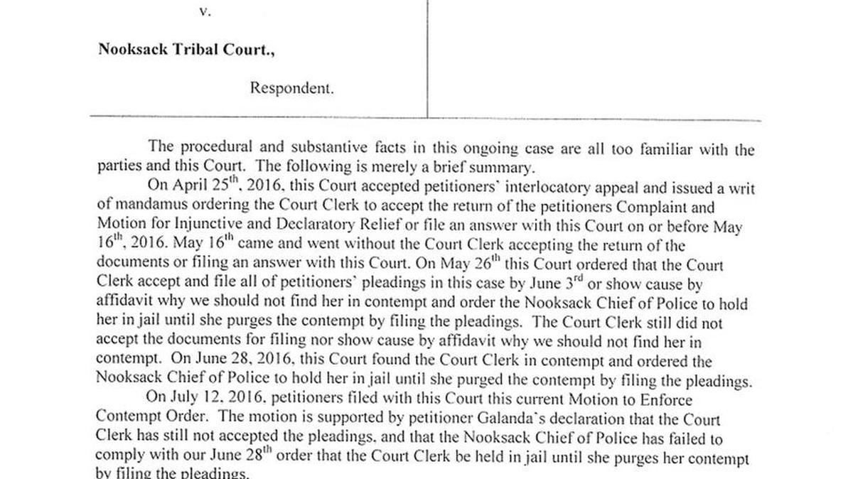 The first page of an order from the Nooksack Tribal Court of Appeals panel signed Monday, July 25, 2016.