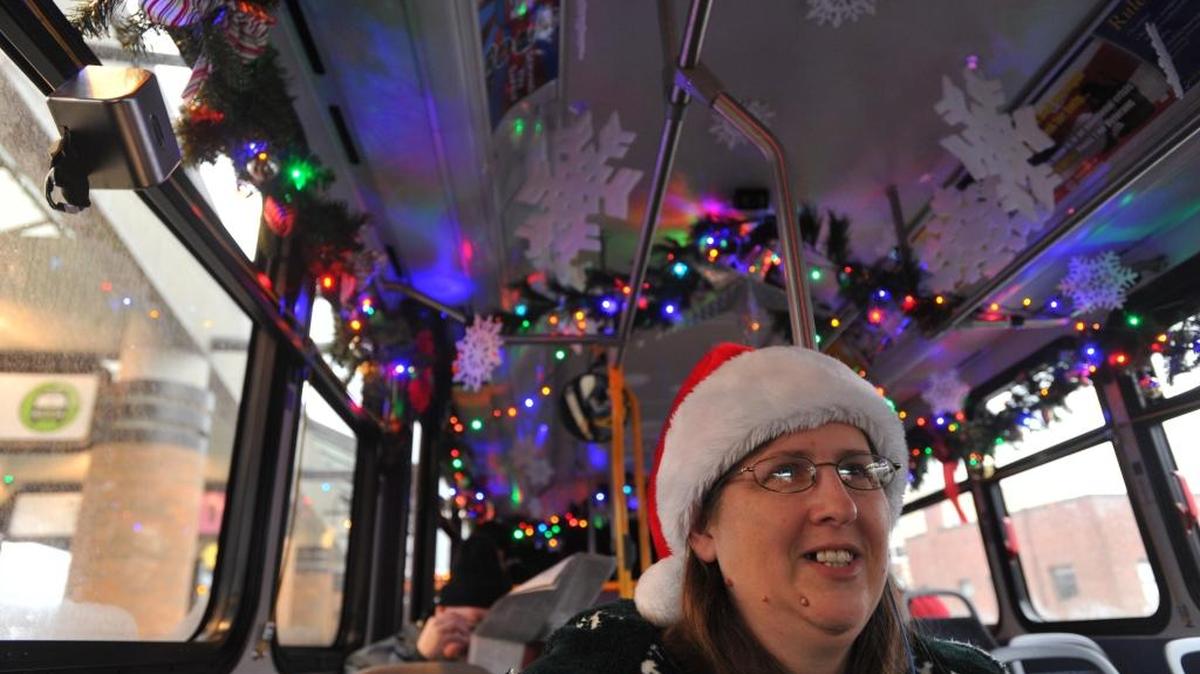 Christmas music and lights entertain riders as Whatcom Transporation Authority driver Cathy Holland drives her Santa Bus in December 2010 in Bellingham. People are being asked to bring new or gently used clothing and blankets to WTA buses or stations through the end of December 2015 to be distributed to those in need.