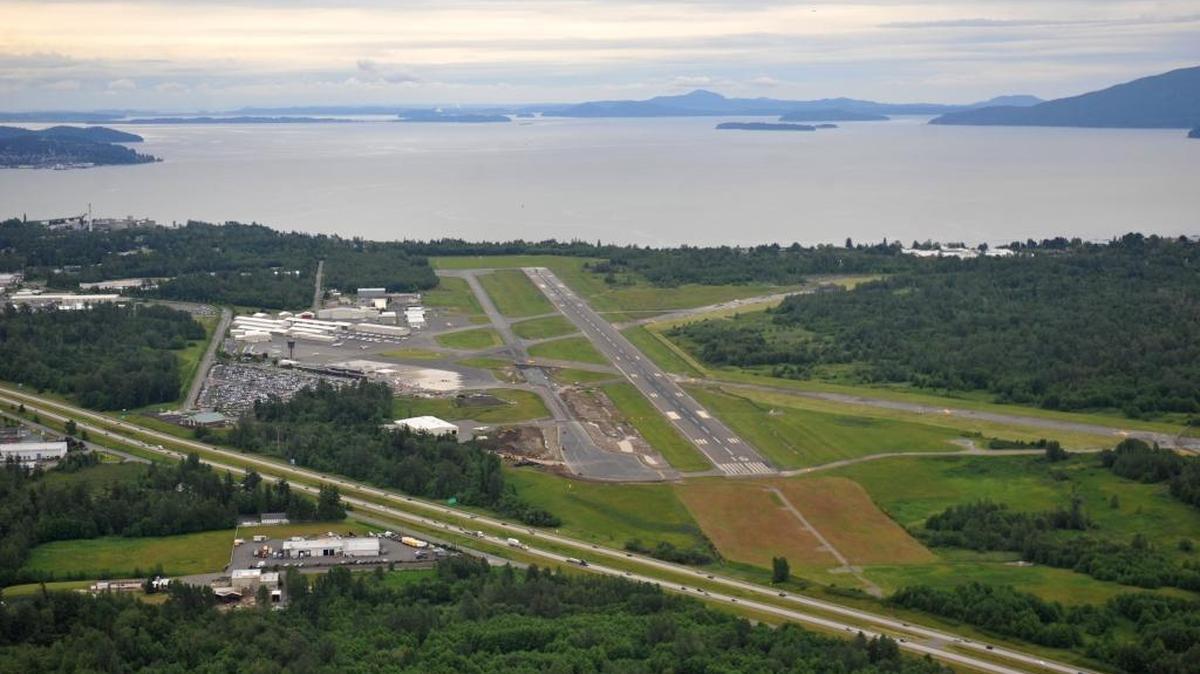 Bellingham International Airport with Bellingham Bay in the background.