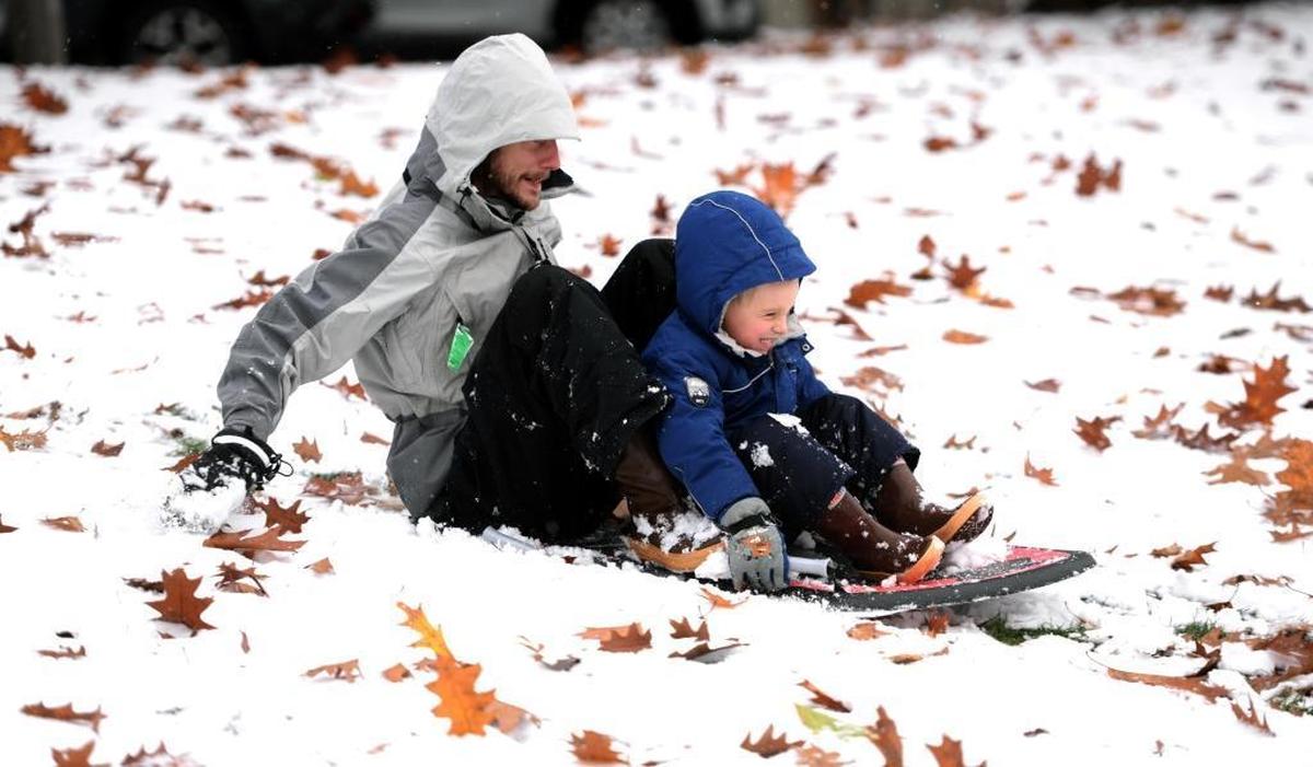 Chris Ritchie and his son Rowan Ritchie, 5, slide down hill behind the Bellingham Public Library, Friday, Nov. 3.