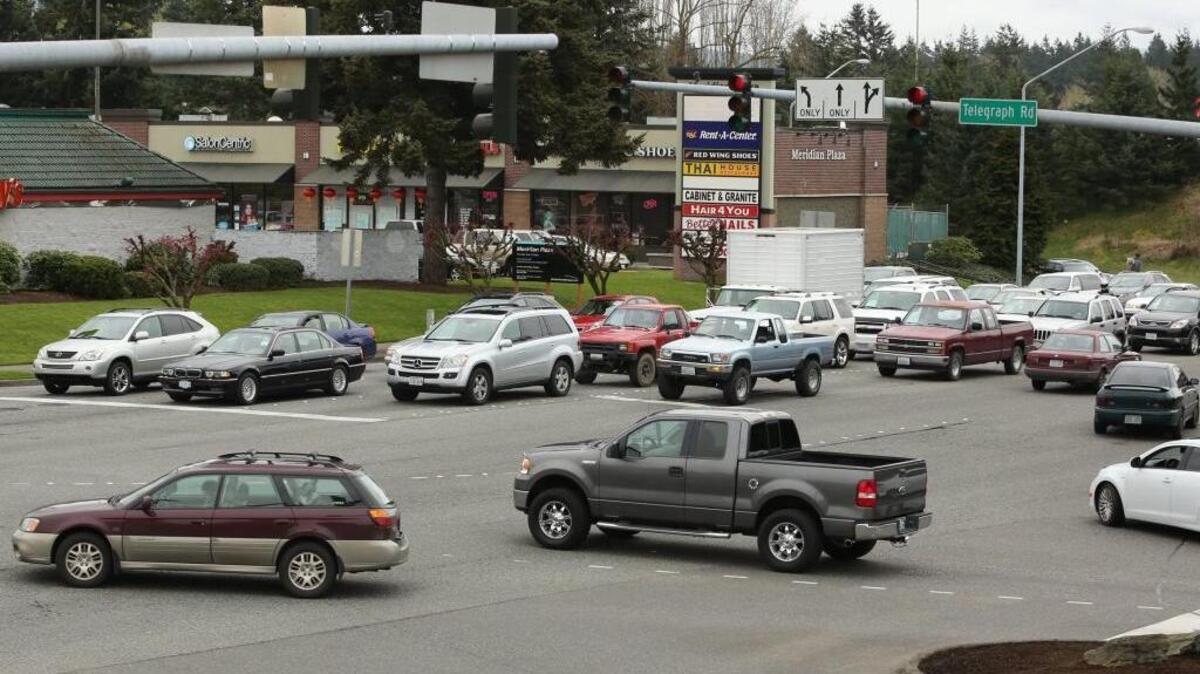 
Traffic backs up at the intersection of Telegraph Road and Meridian Street in Bellingham on April 9, 2013. When there are two right-turn lanes at a stoplight, such as on Telegraph turning north on Meridian, drivers can turn right on red from either lane, provided traffic is clear and they stop first.
