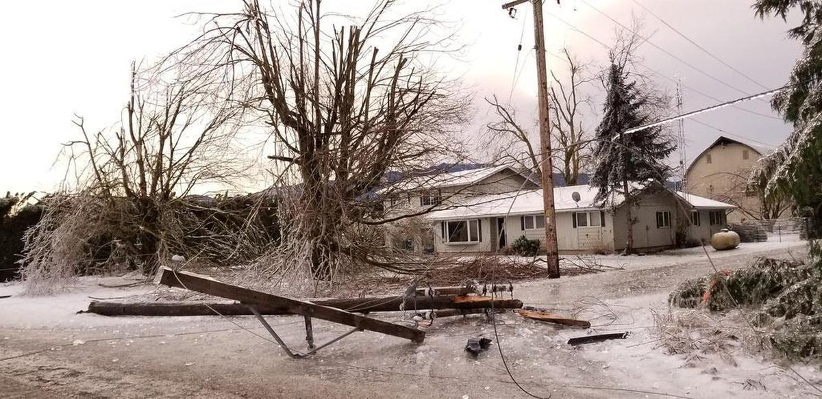 A utility pole lies in pieces Tuesday, Jan. 2 after a weekend ice storm in Sumas. About 500 residents in north Whatcom County remained without power, according to Puget Sound Energy.
