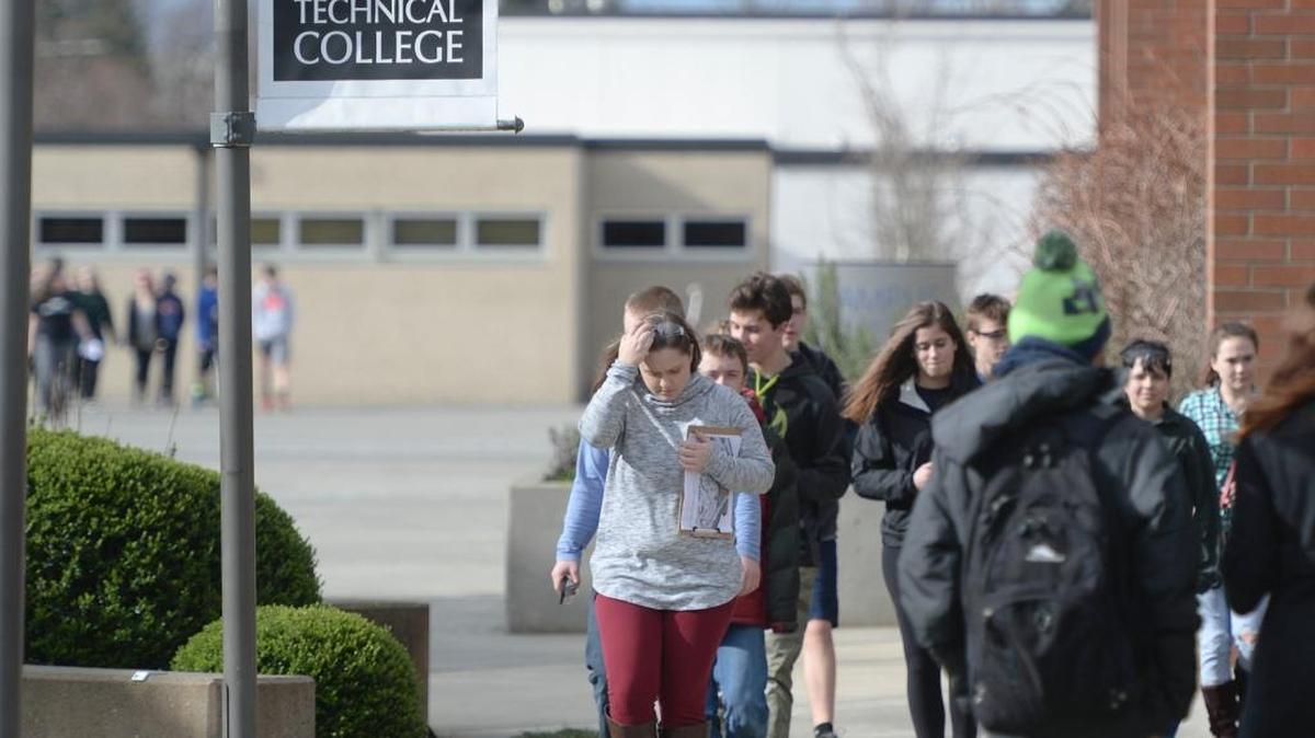 Students walk through the campus of Bellingham Technical College on Thursday, Feb. 18, 2016. The college was just approved to offer its first bachelor’s degree.