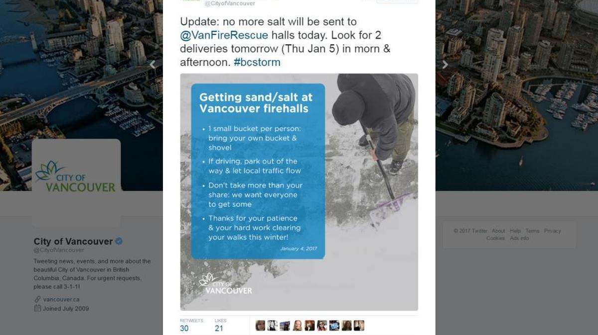 The City of Vancouver has been keeping residents up to date on the salt crisis on its Twitter page.