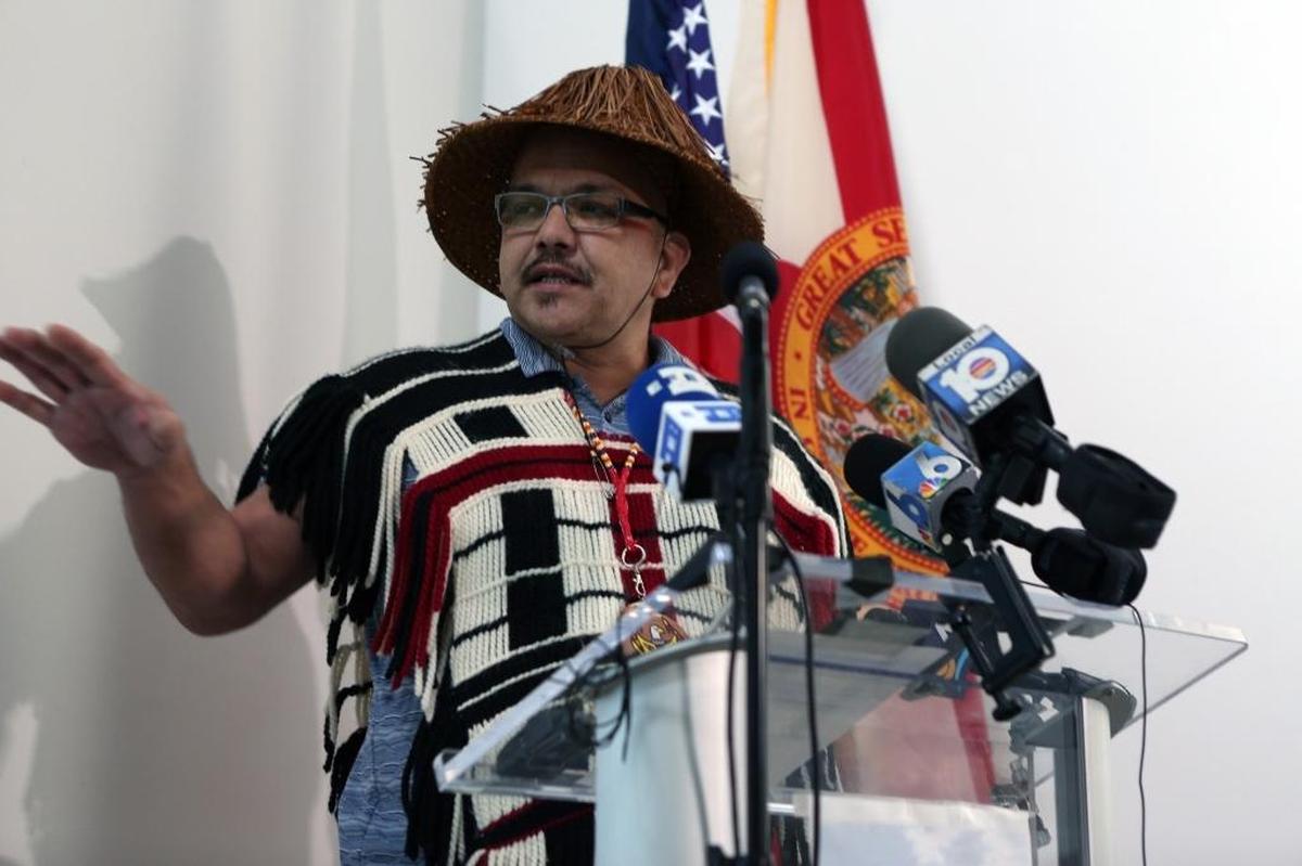 Councilman Fred Lane of the Lummi Nation talks during a Tuesday press conference in Miami to call for the release of Lolita, the killer whale at Miami Seaquarium.