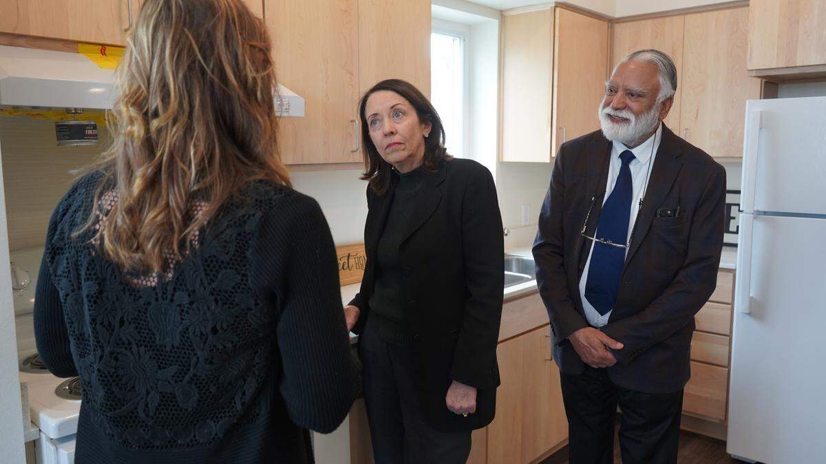 Senator Maria Cantwell (D-WA) and Whatcom County Executive Satpal Sidhu get a tour of an affordable senior housing unit in the new Laurel Forest housing community on Wednesday, March 27, 2024, in Bellingham, Wash.