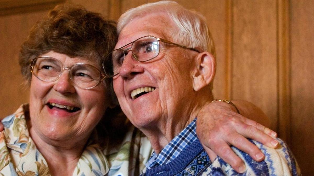 Solveig Apt, left, shared a laugh with Gordon Tweit while they had their picture taken at Tweit’s 81st birthday party held June 4, 2007, at Lairmont Manor. Apt and Tweit attended Larrabee Elementary School together starting in 1932 and graduated from Bellingham High School in 1944. The party was put together by several of Tweit’s friends.