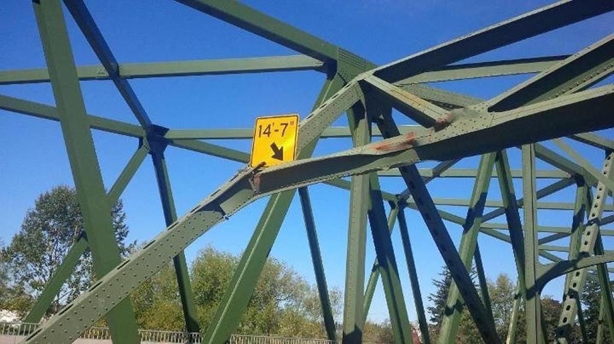 A closeup of the bent crossbeam on the Nooksack River bridge at Guide Meridian is shown Monday, Sept. 12, 2016. Washington State Department of Transportation will close northbound lanes of Guide Meridian periodically until early February to repair the damage.