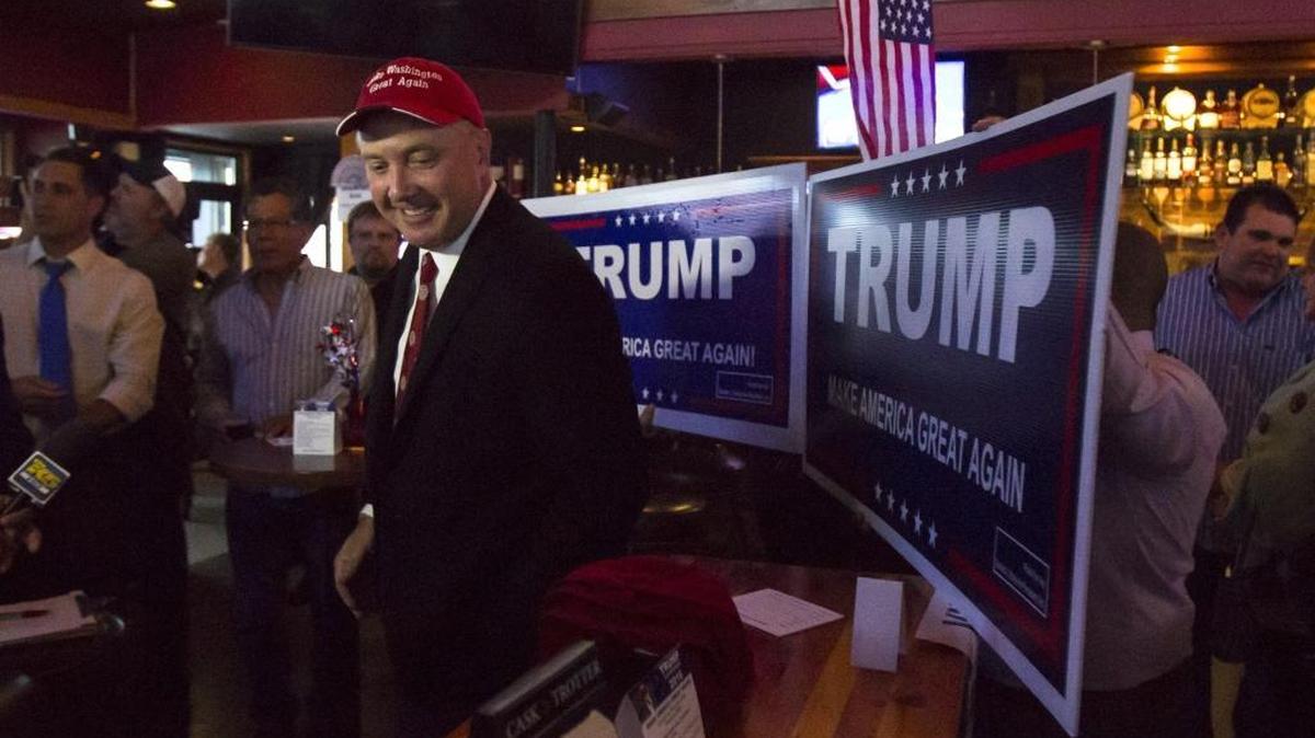 State Republican Sen. Doug Ericksen, R-Ferndale, finishes an interview declaring his support for Republican Presidential candidate Donald Trump during Washington state's primary celebration party at Cask and Trotter, Tuesday, May 24, 2016, in Lynnwood, Wash.