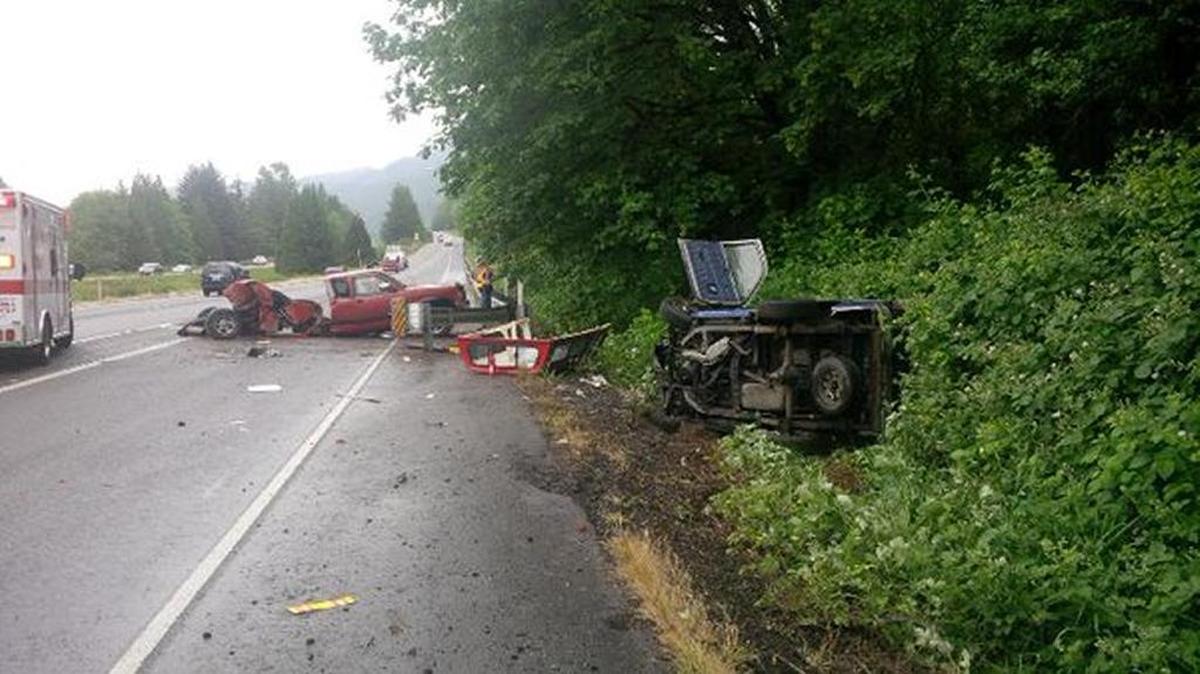 Truck parts blocked portions of northbound Interstate 5 near the Nulle Road exit in the early afternoon of Saturday, May 21, 2016. Washington State Patrol said a Nissan pickup struck a Dodge Dakota parked on the side of the road, killing the pickup’s driver.
