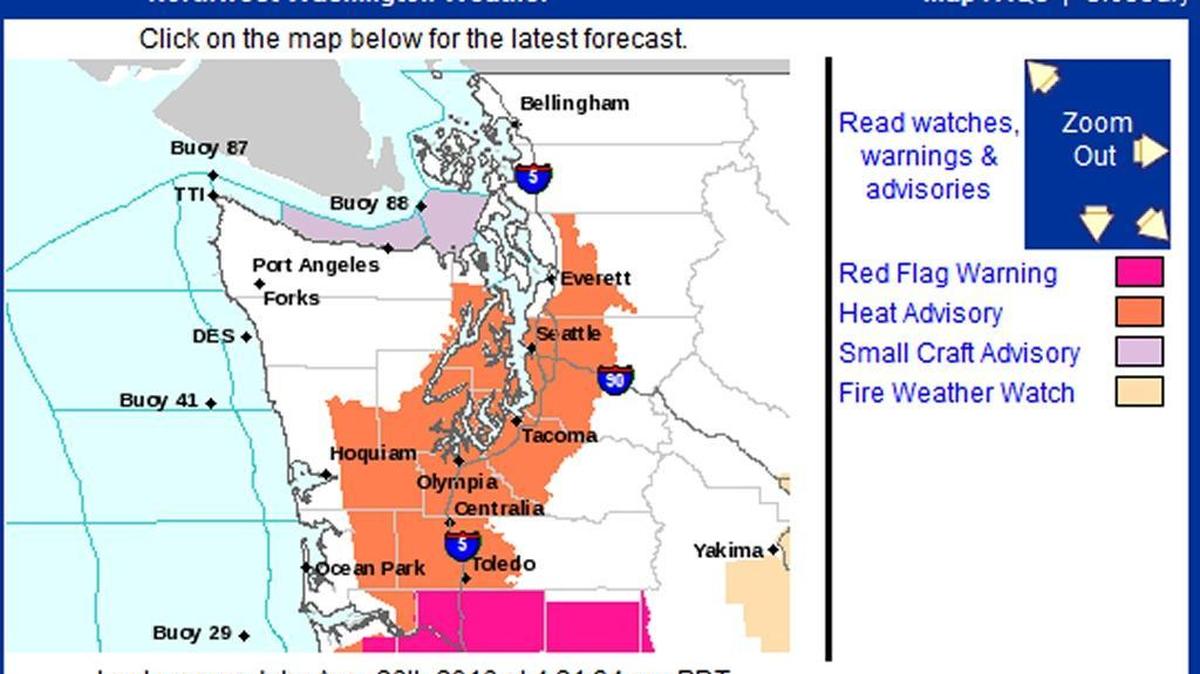 National Weather Service map shows a heat advisory south of Bellingham.