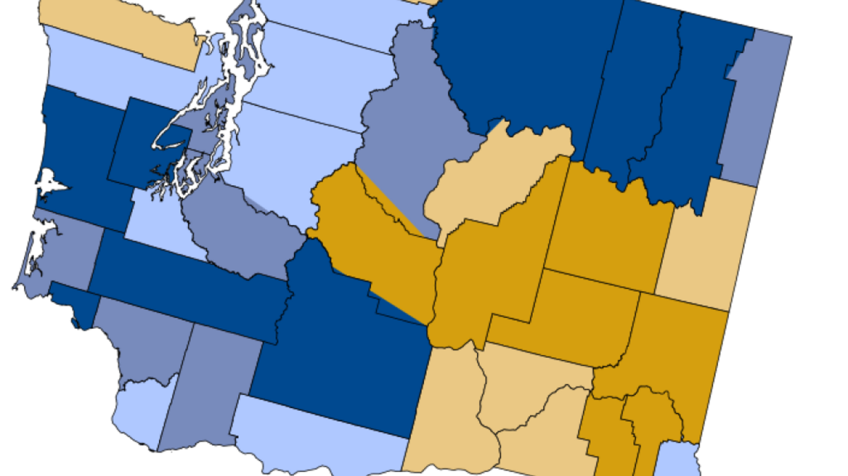 Percentage change in per capita personal income in Washington state, by county, from 2013-14.