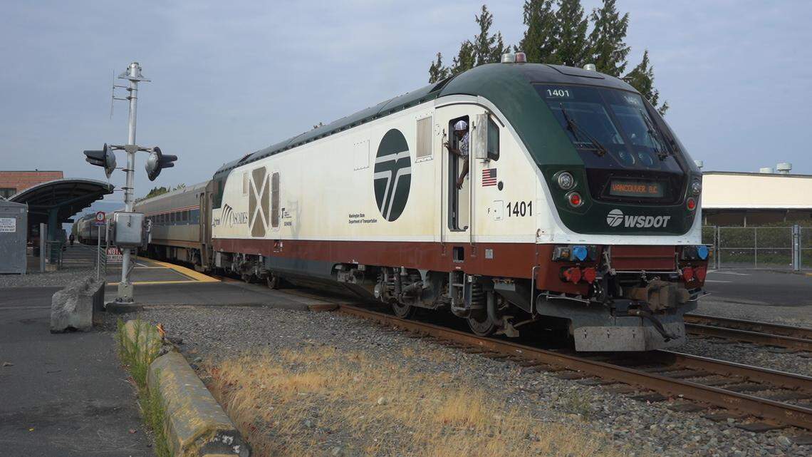 An Amtrak train moves through Bellingham in 2022.