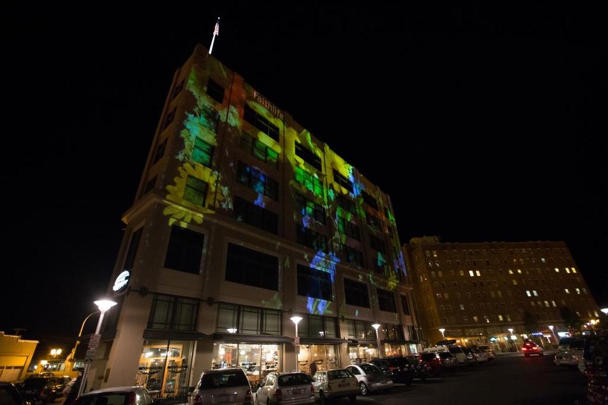 One of many images projected on the Faithlife building in downtown Bellingham during the inaugural Friday Night Market on Sept. 4. The event continues Friday evenings through Oct. 2.