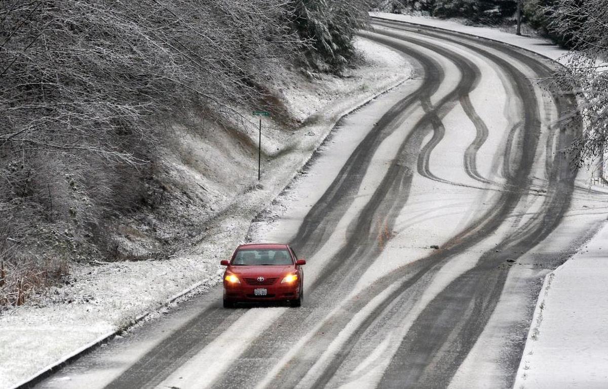 Yew Street off of Lakeway Drive in Bellingham can be tricky to drive when it snows. Police say to not power up hills. That will start your wheels spinning. It’s better to get up speed before the hill in order for inertia to carry you up.