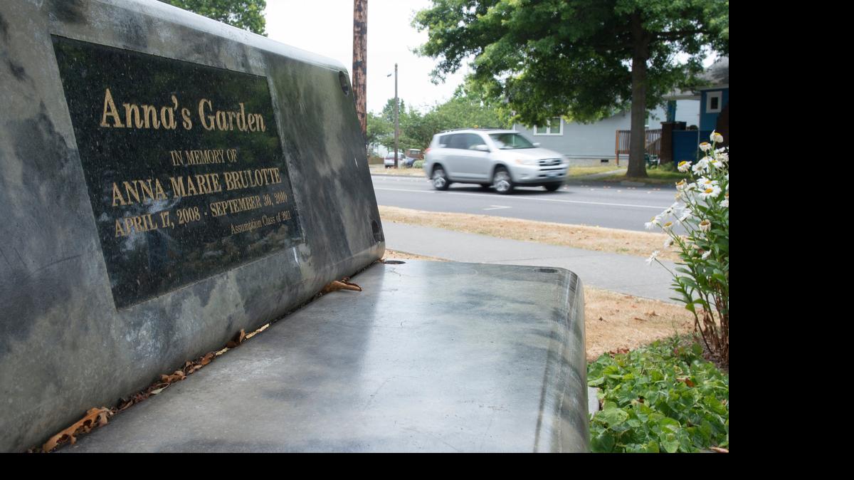 
Anna Brulotte memorial bench and garden on the corner of Cornwall Avenue and Virginia Street in Bellingham, Friday, July 10, 2015. Anna, a Bellingham 2-year-old, was struck by a car and killed while crossing the street with her mother on Sept. 30, 2010. The driver who caused that crash, Carli Alvarado, was arrested this month on suspicion of DUI.
