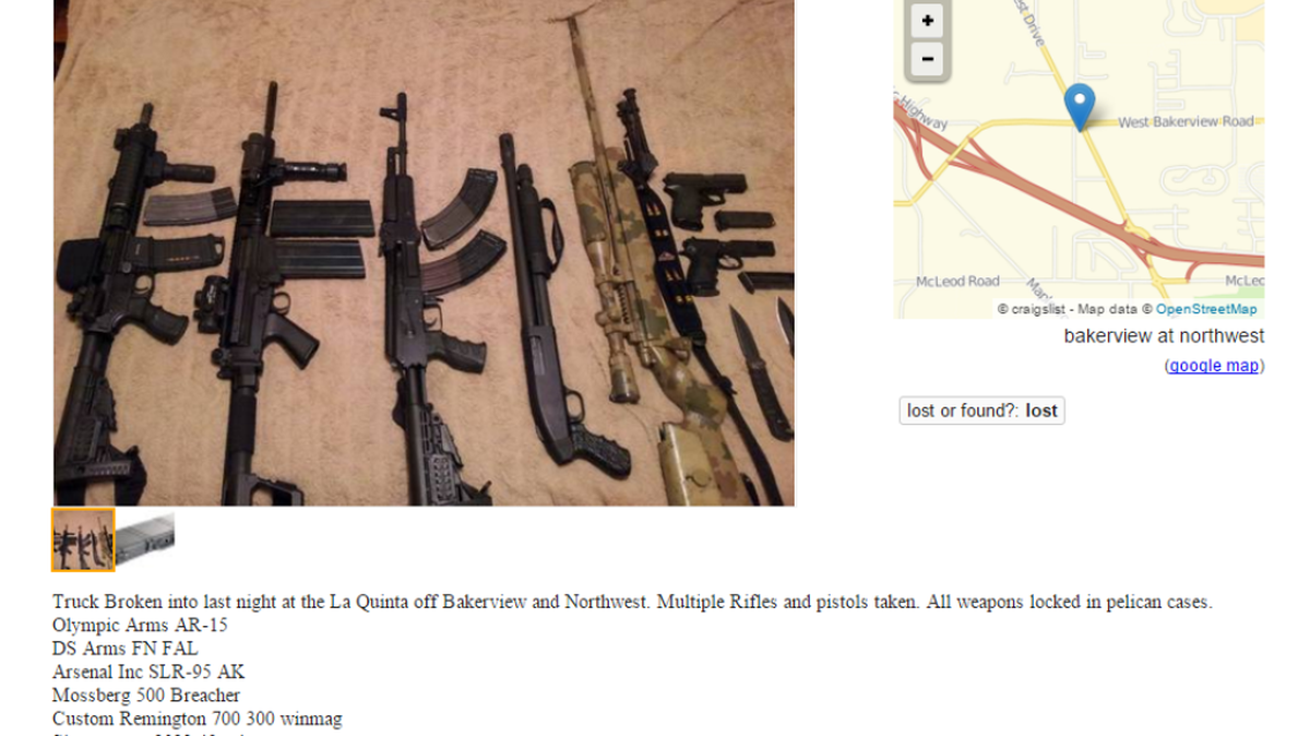 A Craigslist post shows guns that were reported stolen from a Colorado man’s pickup Sunday morning, Nov. 29, in a Bellingham hotel parking lot.