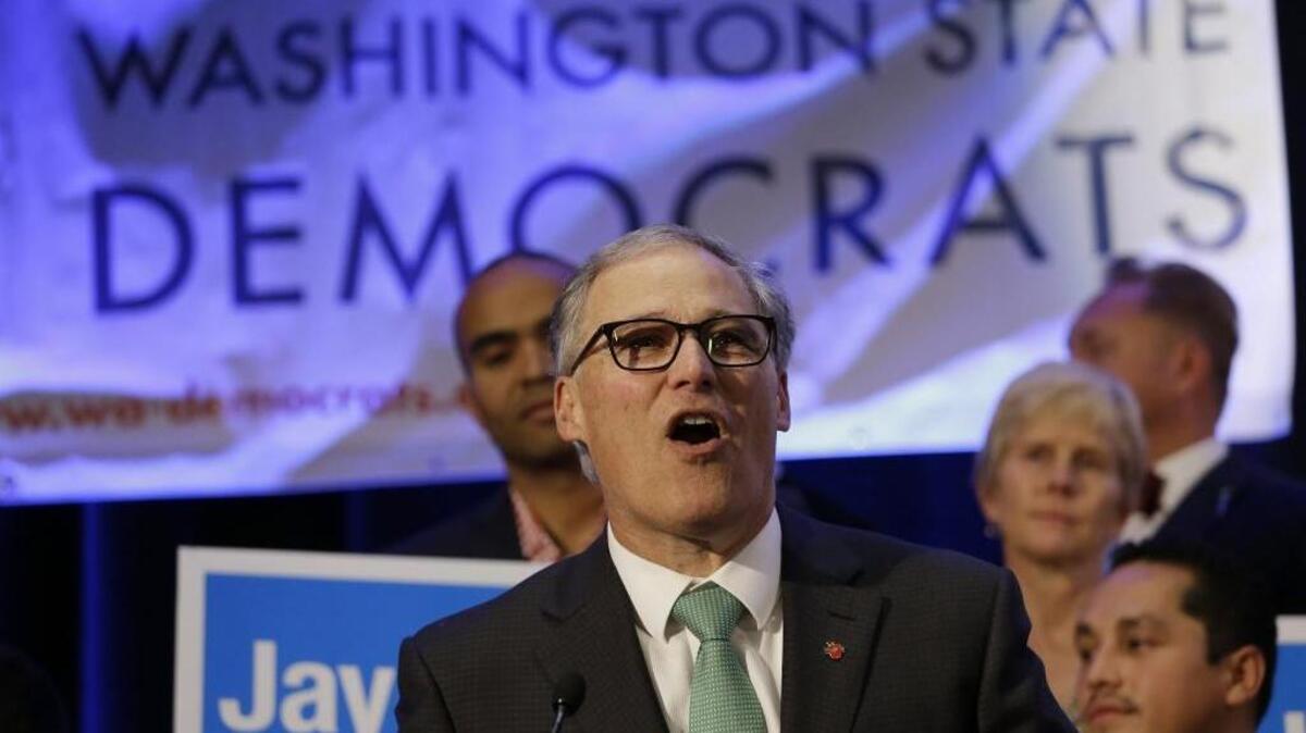 Gov. Jay Inslee speaks at an election night party for Democrats Tuesday, Nov. 8, 2016, in Seattle.