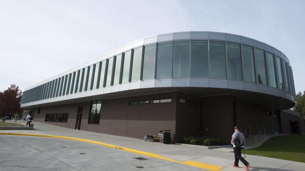The outside of the new Student Recreation Center and Pavilion is pictured Sept. 23 at Whatcom Community College in Bellingham. Campus officials were considering what to do after a student, a former federal officer, accidentally dropped a handgun out of his holster during class Monday, Oct. 26.