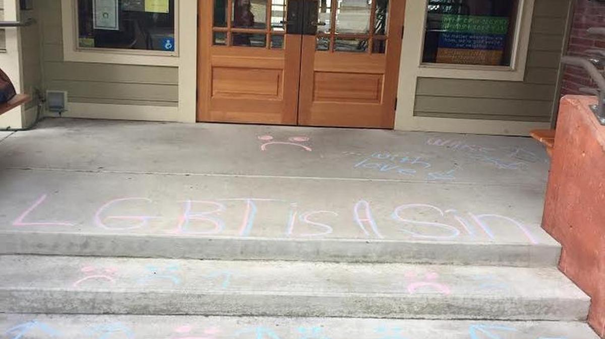 The Bellingham Unitarian Fellowship had anti-LGBTQ messages written in chalk on its sidewalks Wednesday night. This is the second time the church has been vandalized in a month.