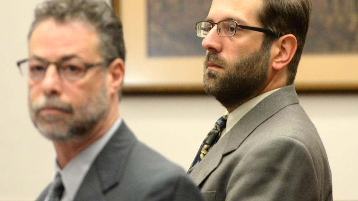 William Jeffrey Klein, right, the driver accused of hitting four teenage boys and killing two of them in Ferndale in June 2015, appears at his trial in Whatcom County Superior Court with his attorney Michael Brodsky on April 27, 2016.