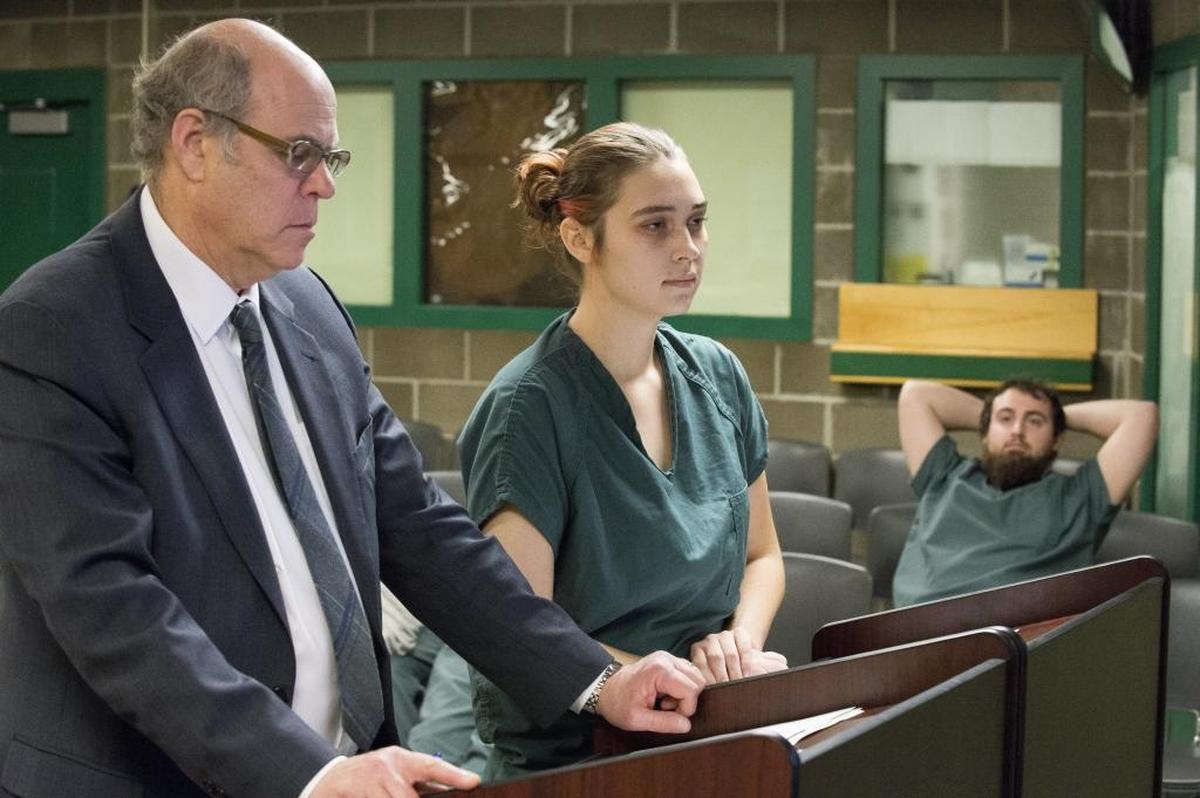 Brittany Shane Daniels, 22, center, and Cody James Shields, 23, right, make their first appearance in Whatcom Superior Court at Whatcom County Jail, Feb. 19, 2016, in Bellingham. Shields and Daniels are charged with second-degree manslaughter.