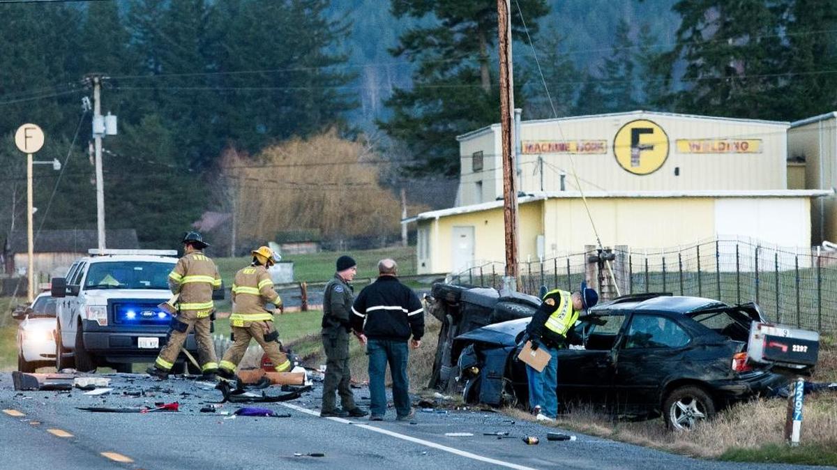 Emergency responders survey the scene of a fatal crash on Mount Baker Highway east of Everson Goshen Road on Thursday, Jan. 28.