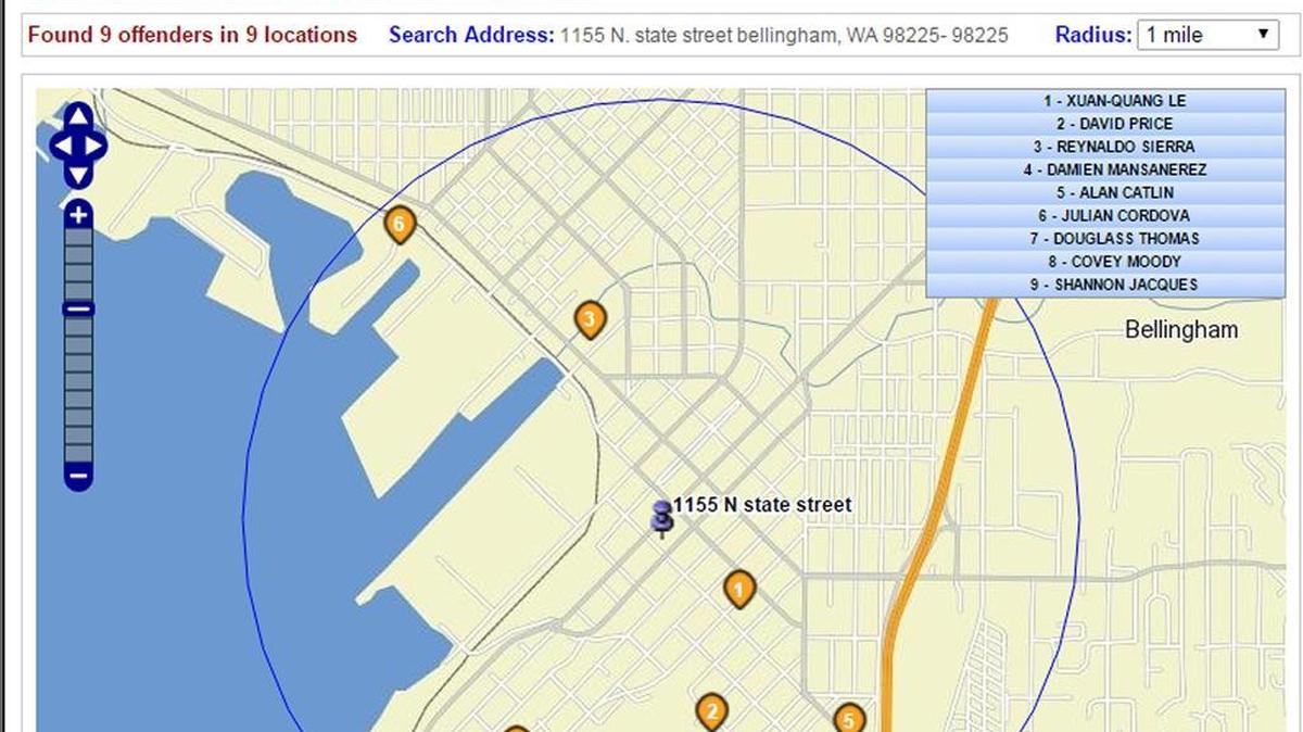 Screen shot of a March 11, 2016, search of sex offenders who live in the area around the Herald Building in downtown Bellingham. Whatcom County residents can use the online tool to search for offenders near their home, school or place of work.