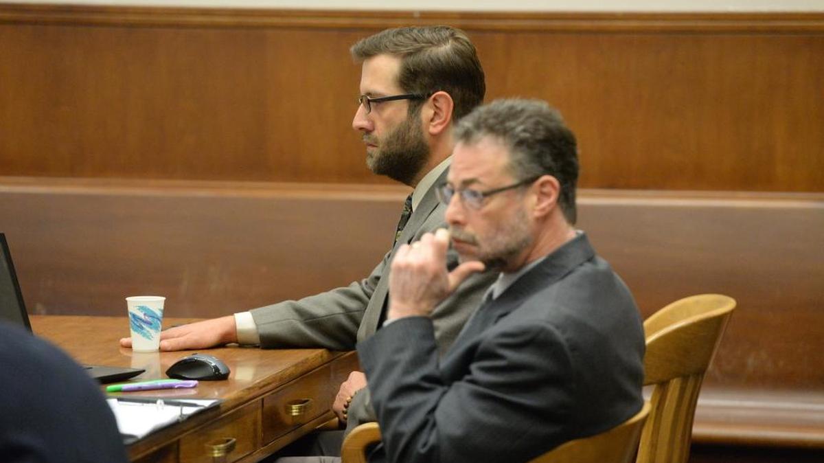 William Jeffrey Klein, back left, the driver accused of hitting four teenage boys and killing two of them in Ferndale in June 2015, appears at his trial in Whatcom County Superior Court with his attorney Michael Brodsky on Wednesday, April 27, 2016.