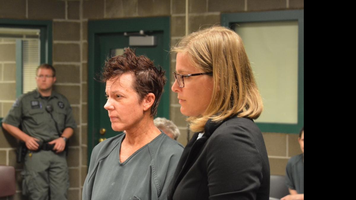
Elizabeth Jane Ray, 54, in court on May 4, 2015, after leading police on a chase in a school bus stolen from Snohomish County. The chase ended at a Blaine park where Ray crashed the bus, ran outside and tried to swim to Canada.
