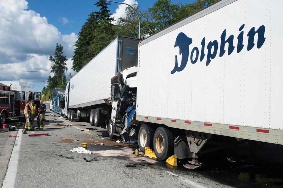 Two drivers were injured when three semi trucks crashed in a chain reaction that shut down Pacific Highway on Friday, June 9, just south of a U.S.-Canada border crossing in Blaine, Washington.