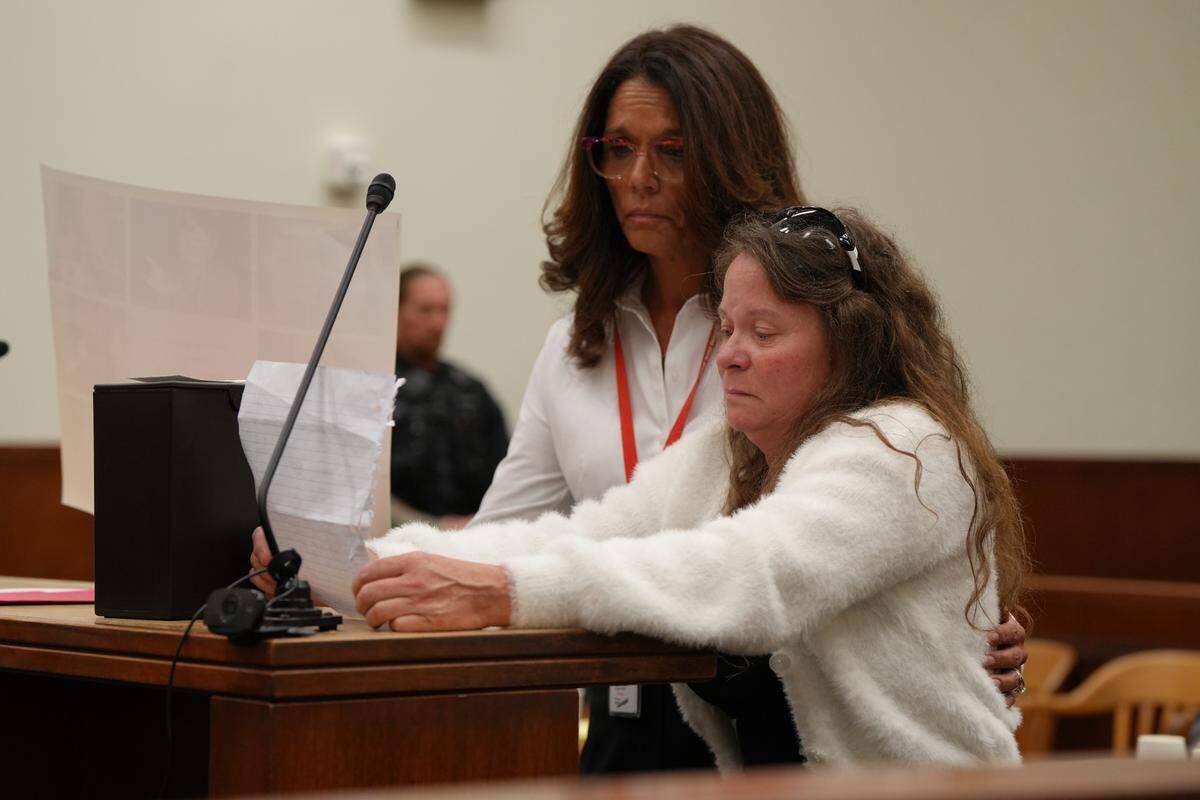 Vickie Turner, the mother of Kasaundra “Kassy” May Booker, read a statement to the court on July 1, 2024, during the sentencing hearing of Shilo Aron Englert, 35, who fatally shot Booker on Feb. 8, 2022, in Bellingham, Wash. Director of Support Officers of Whatcom County Kendra Cristelli accompanied Turner.