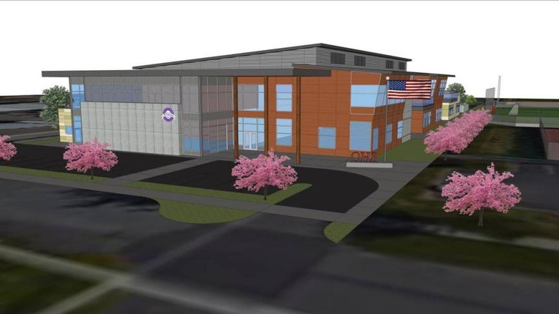 This rendering shows the main entrance along Franklin Street for the planned Options High School building. The building will take up two acres to the east of Bellingham High School.